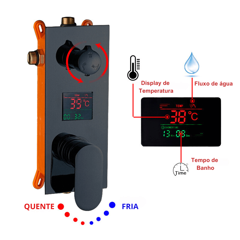 Chuveiro de Teto / Parede RainFall Monocomando Display Digital e Termostato Kit Completo